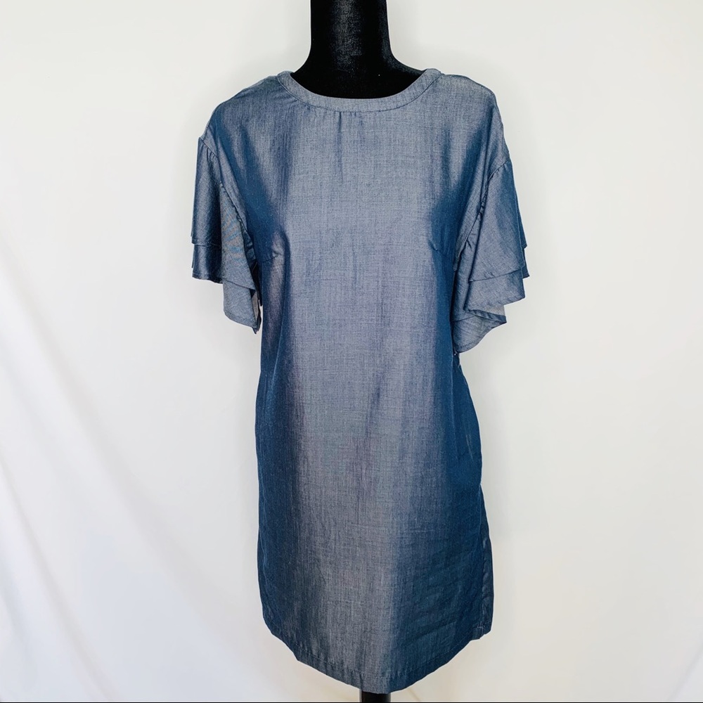 Denim Chambray Dress with Flutter sleeve detail XS